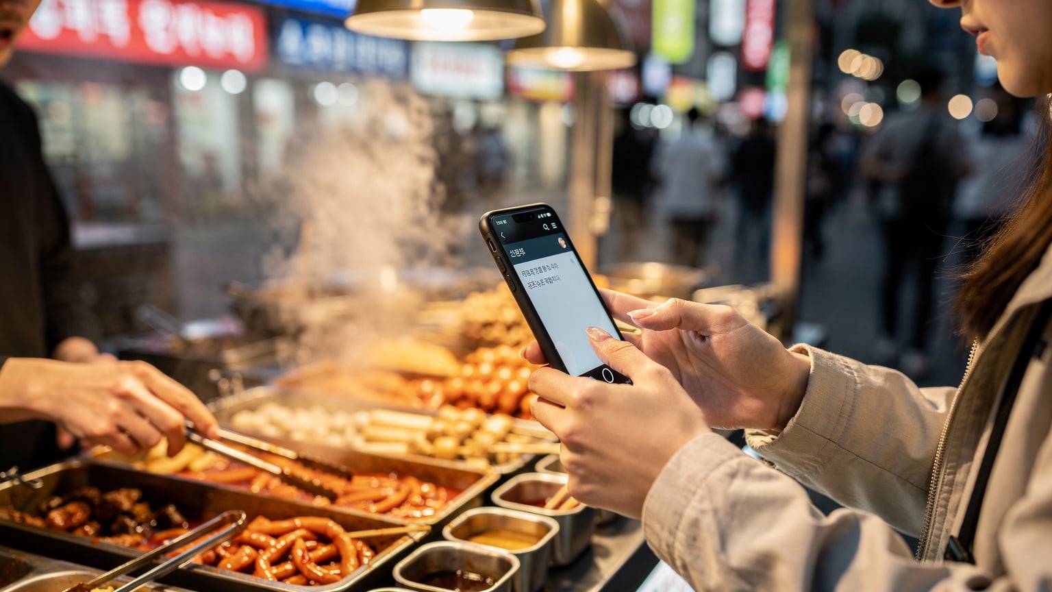 ソウルの明洞屋台街で、若い女性がスマートフォンの翻訳アプリを使って屋台の店員と身振り手振りでコミュニケーションを取ろうとしている手元のクローズアップ。