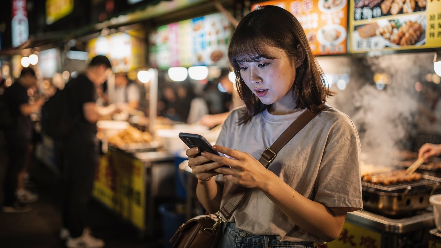 台北の寧夏夜市で、屋台の明かりに照らされた若い女性がスマートフォンでメニューや情報を熱心に調べている手元と顔のクローズアップ。
