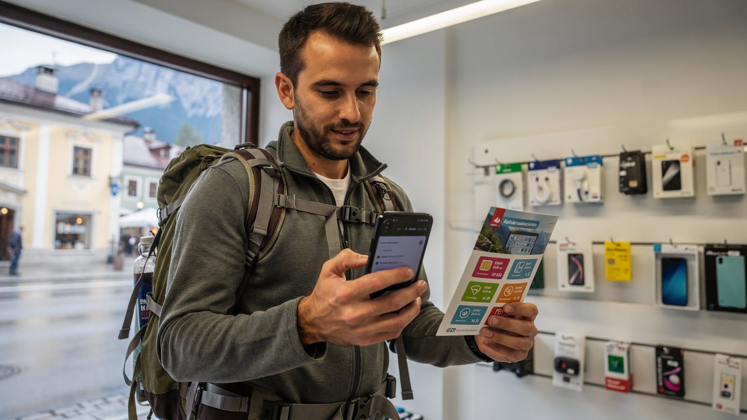 Seorang backpacker sedang membandingkan harga paket data di layar ponselnya dengan selebaran promo SIM fisik lokal di sebuah toko telekomunikasi sederhana di pusat kota Innsbruck, Austria.