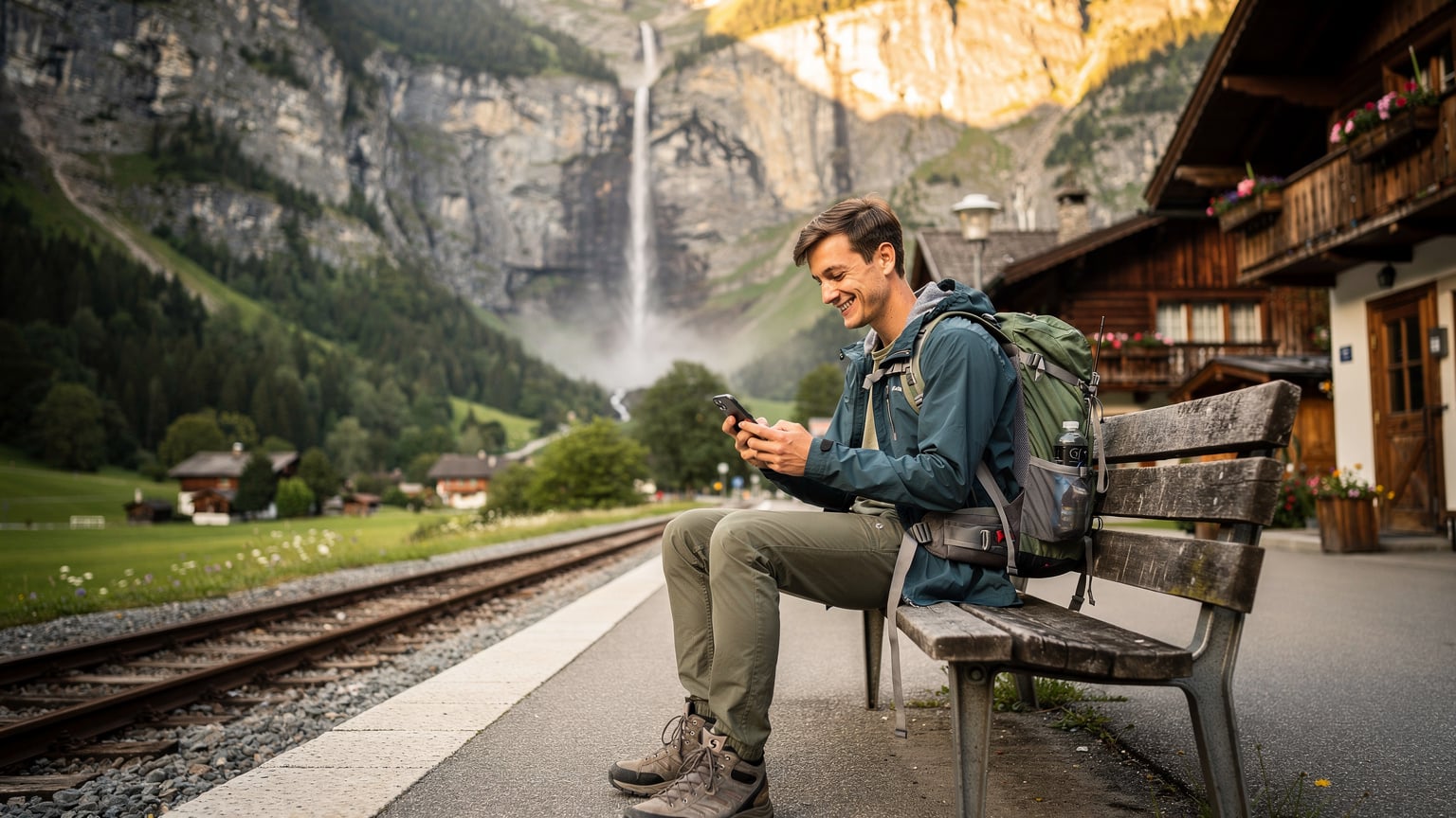 Seorang backpacker sedang duduk di bangku kayu sederhana di sebuah stasiun kereta kecil di pegunungan Swiss, seperti Stasiun Lauterbrunnen, memeriksa ponselnya yang menunjukkan sinyal penuh, dengan latar belakang lembah hijau dan air terjun.