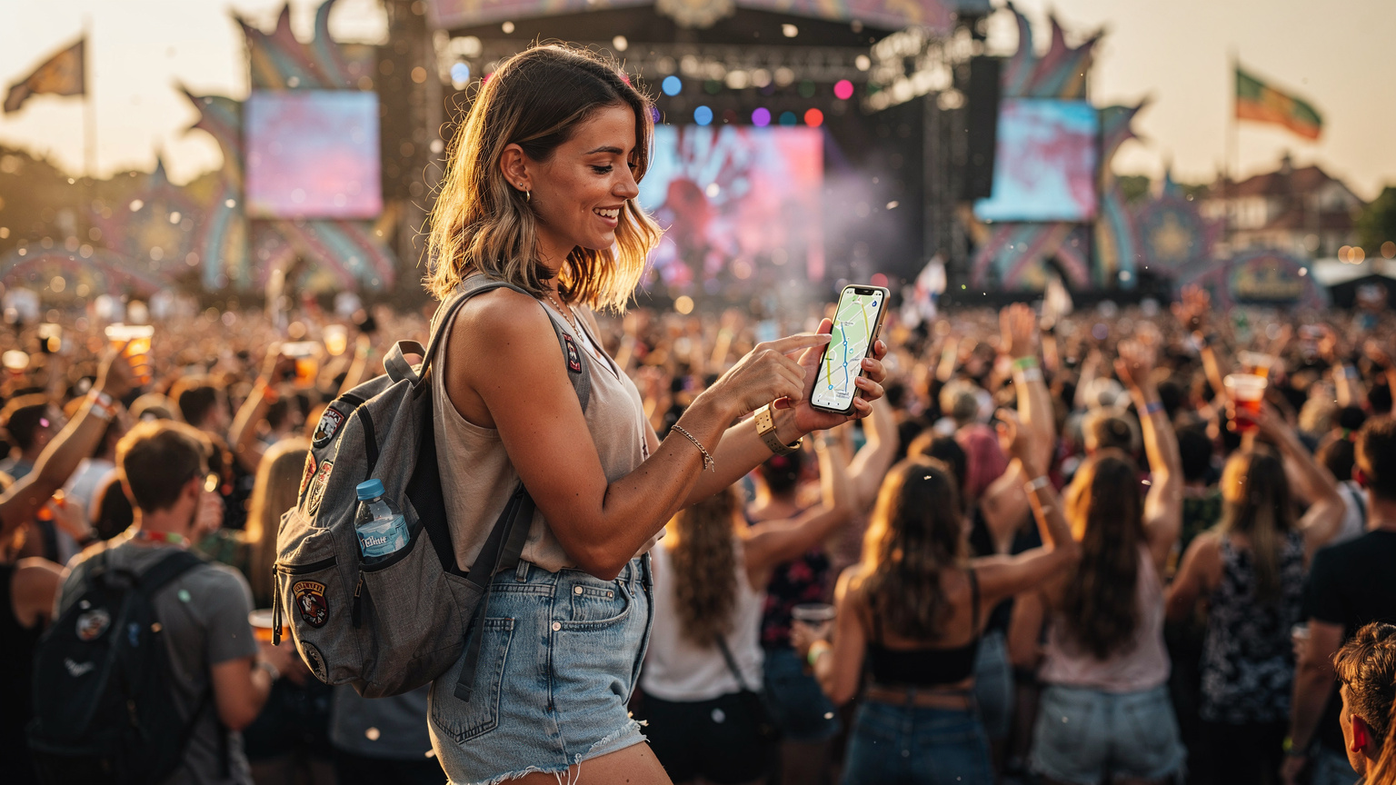 Avrupa'da büyük bir müzik festivalinde, binlerce kişinin arasında, Cellesim eSIM'i ile telefonundaki bir harita uygulamasını kontrol eden genç bir kadın.