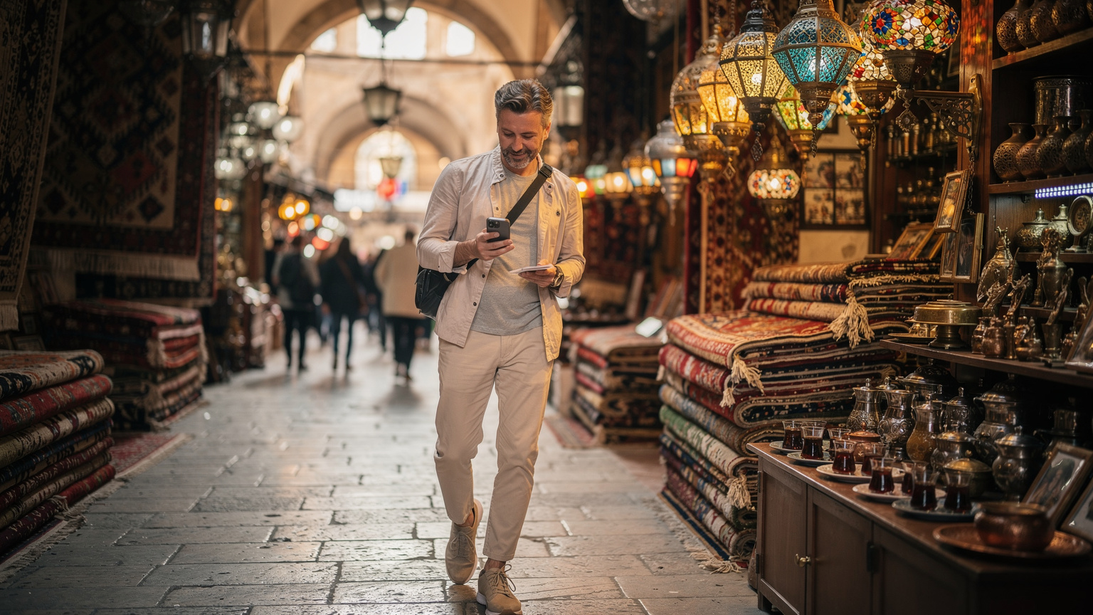 İstanbul'un hareketli Kapalı Çarşı'sında, geleneksel Türk halılarının ve lambalarının arasında, iPhone 18'inde eSIM ayarlarını kontrol eden bir gezgin.