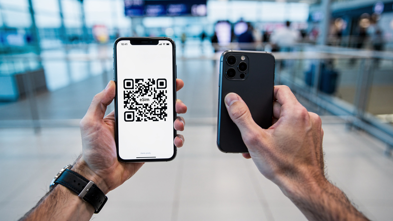 A close-up of a traveler's hands holding a smartphone, scanning an eSIM QR code against a blurred background of a bustling airport arrivals hall at Budapest Liszt Ferenc International Airport.