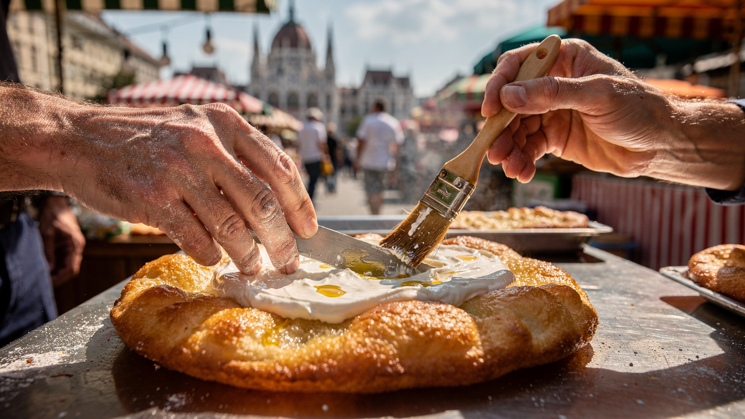 A close-up of a Hungarian street food vendor's hands preparing lángos, with fresh garlic and sour cream visible, against a bustling market backdrop.
