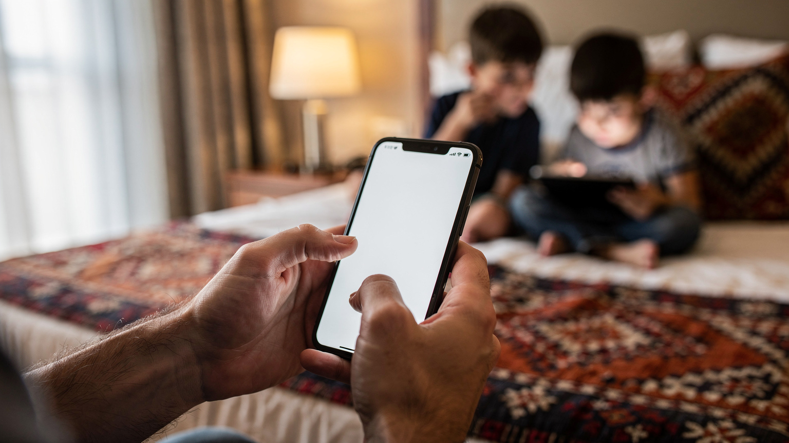 Крупный план родителя, настраивающего режим модема на своем смартфоне для раздачи интернета детям, сидящим рядом.