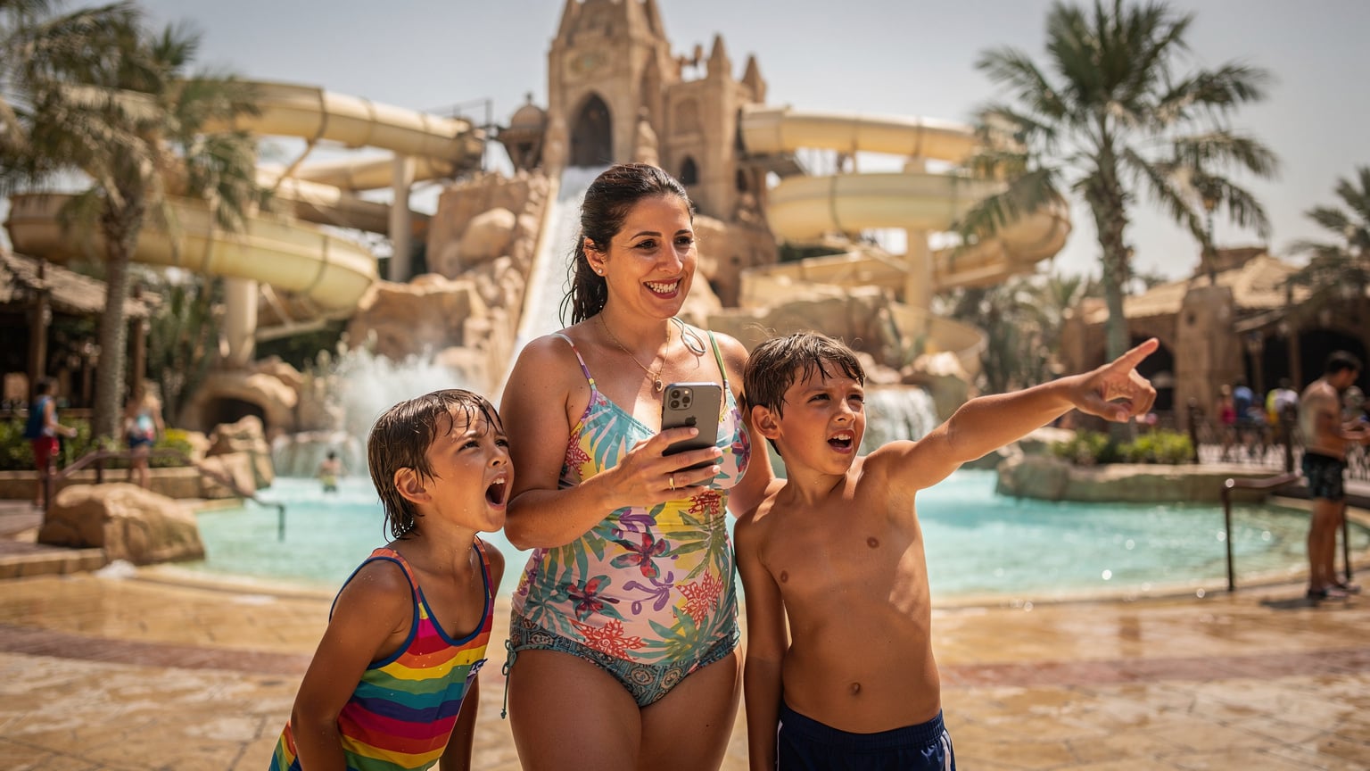 Мама с детьми наслаждаются отдыхом в аквапарке Aquaventure в Дубае, активно пользуясь смартфонами для фото и навигации.