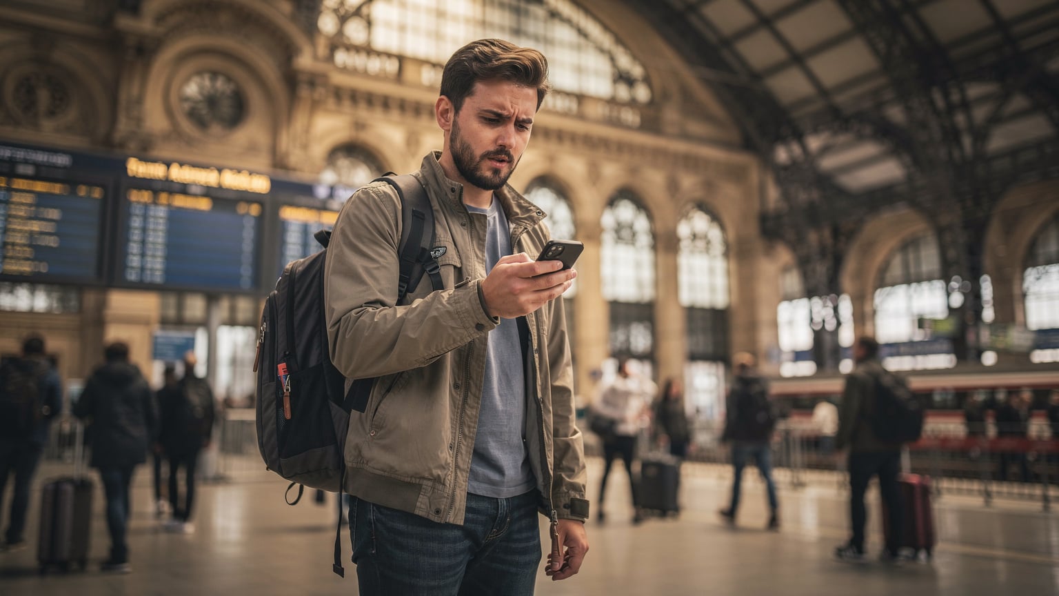 A traveler at Budapest Keleti Railway Station looking at their smartphone with a concerned expression, perhaps checking train times or directions, amidst the station's grand architecture.