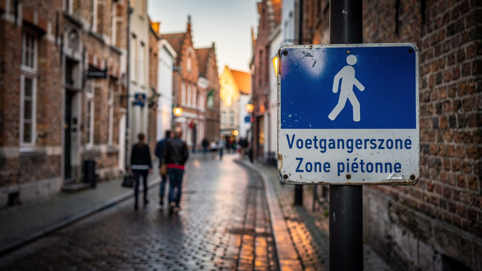 Un cartello stradale bilingue (olandese e francese) di una via pedonale a Bruges al tramonto, con persone che passeggiano in sicurezza.
