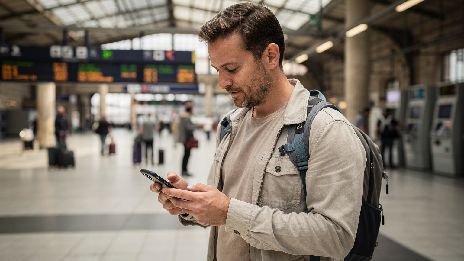Un viaggiatore guarda con attenzione il suo smartphone, cercando informazioni sui mezzi pubblici di Bruxelles, con la stazione ferroviaria Gare Centrale visibile sullo sfondo.
