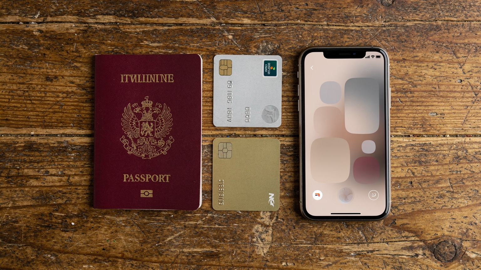 Un passaporto italiano, una carta di credito e uno smartphone con l'interfaccia di un'app di viaggio su un tavolo di legno, pronti per un viaggio.