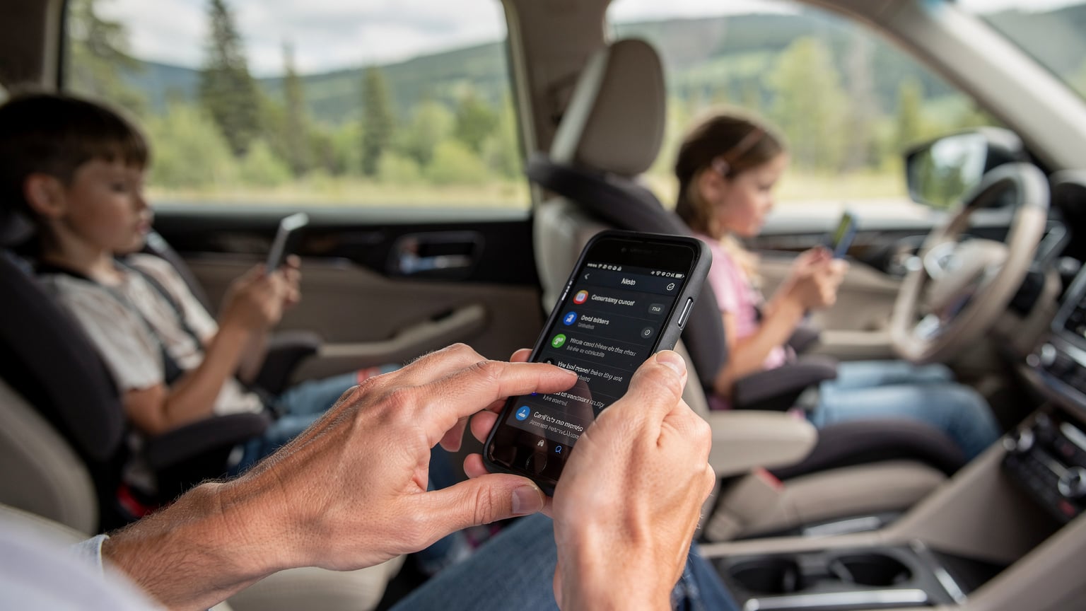 Un parent utilise un smartphone pour ajuster les paramètres de contrôle parental tandis que deux enfants jouent calmement avec leurs tablettes à l'arrière d'une voiture, en route vers un parc national canadien.