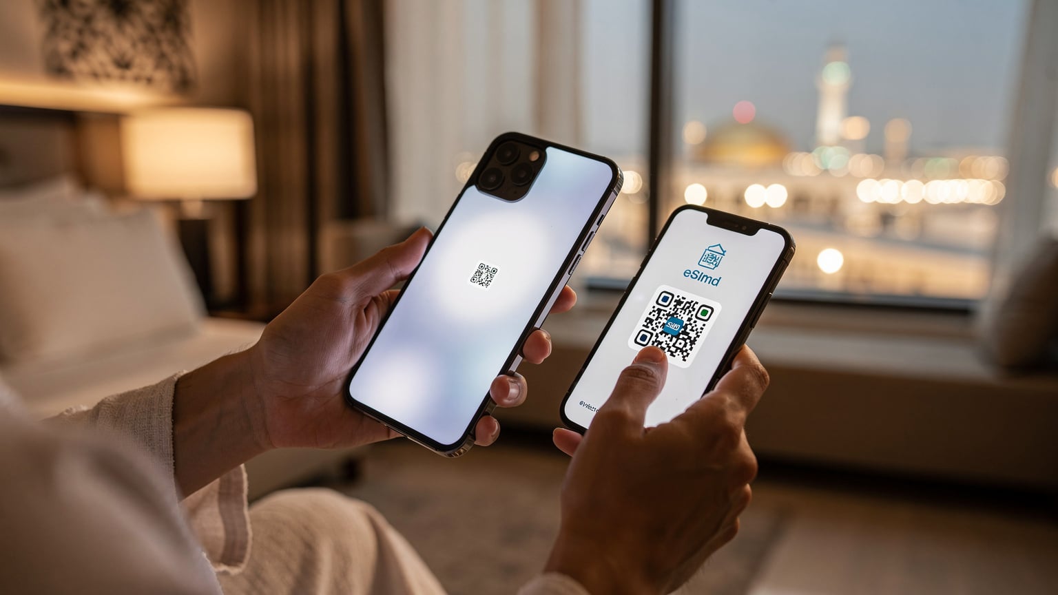 Tangan seorang jemaah haji sedang mengimbas kod QR eSIM pada telefon pintar mereka di bilik hotel di Makkah, dengan pemandangan tingkap Masjidil Haram yang samar-samar di latar belakang.
