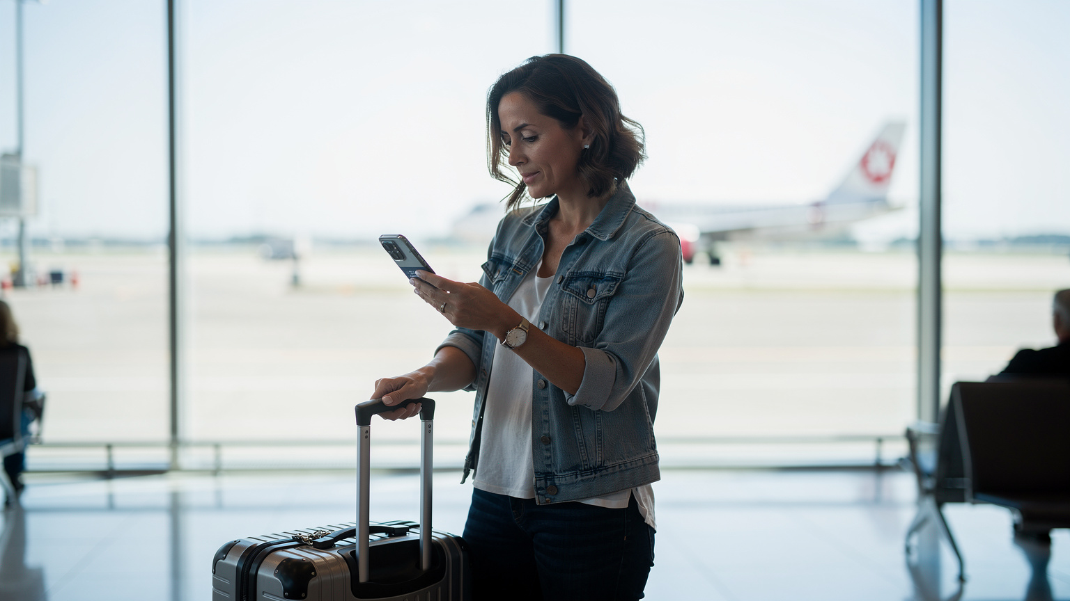 Een reiziger die direct na aankomst op een vliegveld haar eSIM activeert op een smartphone, met de focus op het gemak van directe connectiviteit.