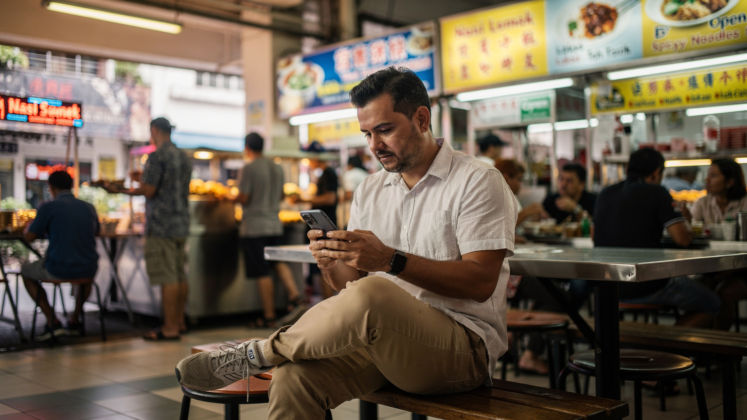 Een reiziger die op een bankje bij een drukke Aziatische food court zit, met de iPhone 18 in de hand, kijkend naar een digitaal menu of het laatste nieuws.
