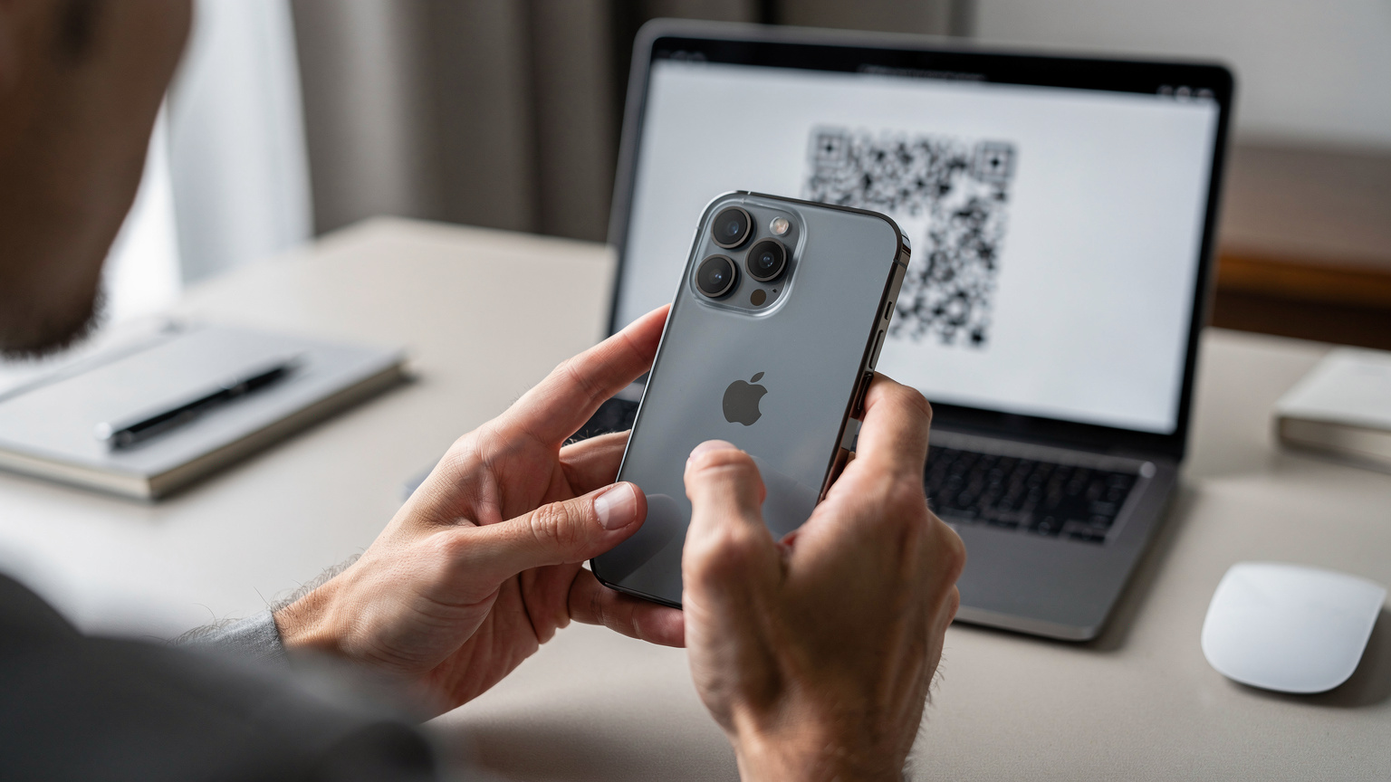 Close-up van handen die een QR-code voor eSIM-activatie scannen op een iPhone 18, met een laptop op de achtergrond die de code weergeeft.