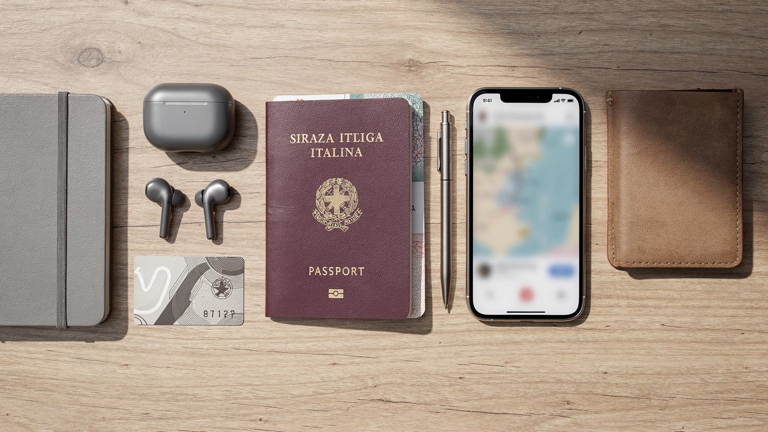 Un overhead flat-lay mostra un passaporto italiano, un iPhone 17 aperto su una mappa digitale, cuffie wireless e una tazza di caffè espresso su un tavolino di legno chiaro, suggerendo preparazione per un viaggio.
