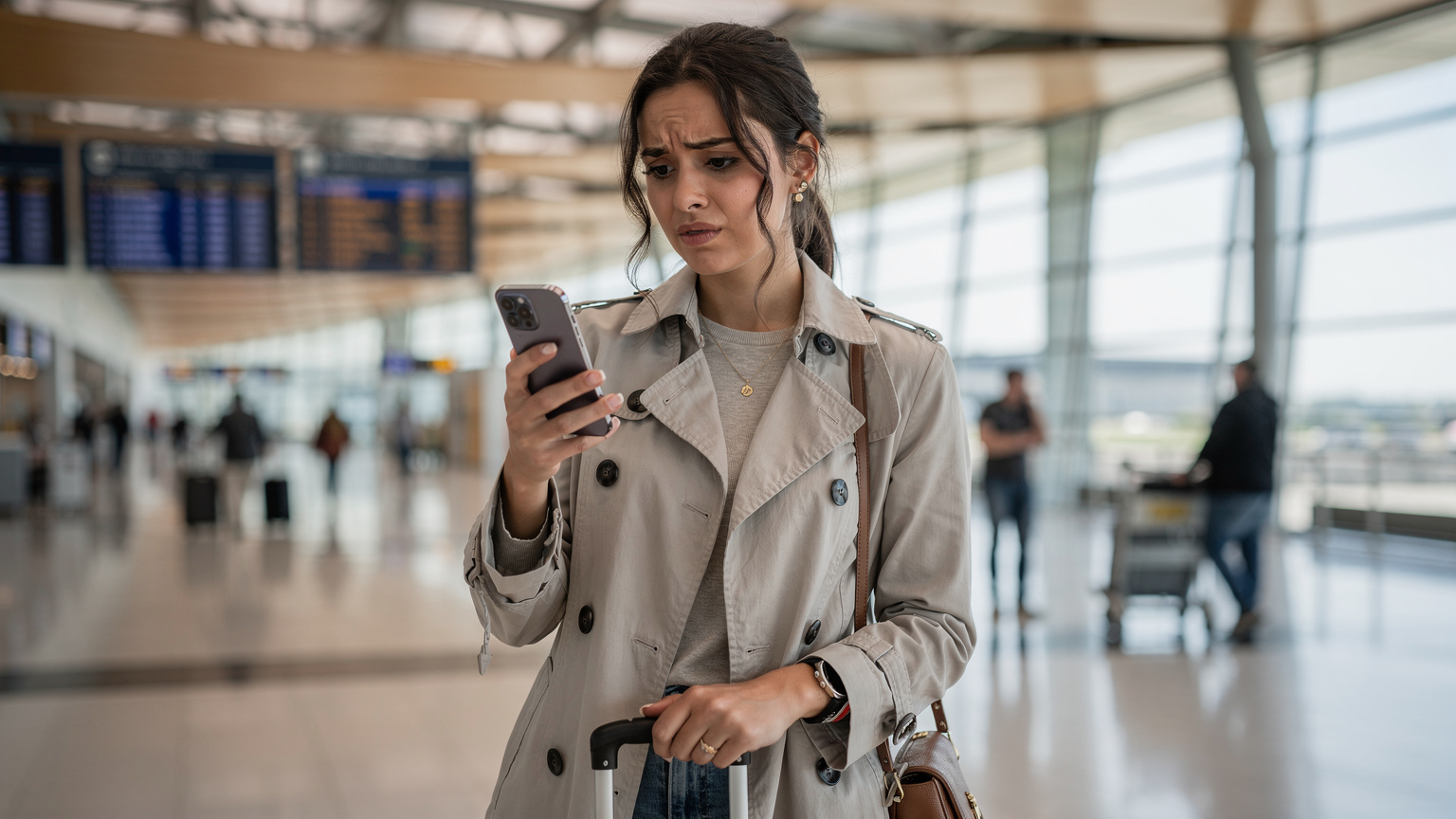 Una donna italiana con un'espressione di preoccupazione guarda il suo iPhone 17 in un'area di transito dell'aeroporto di Fiumicino, con i tabelloni delle partenze sfocati in sottofondo, suggerendo un problema di connessione.