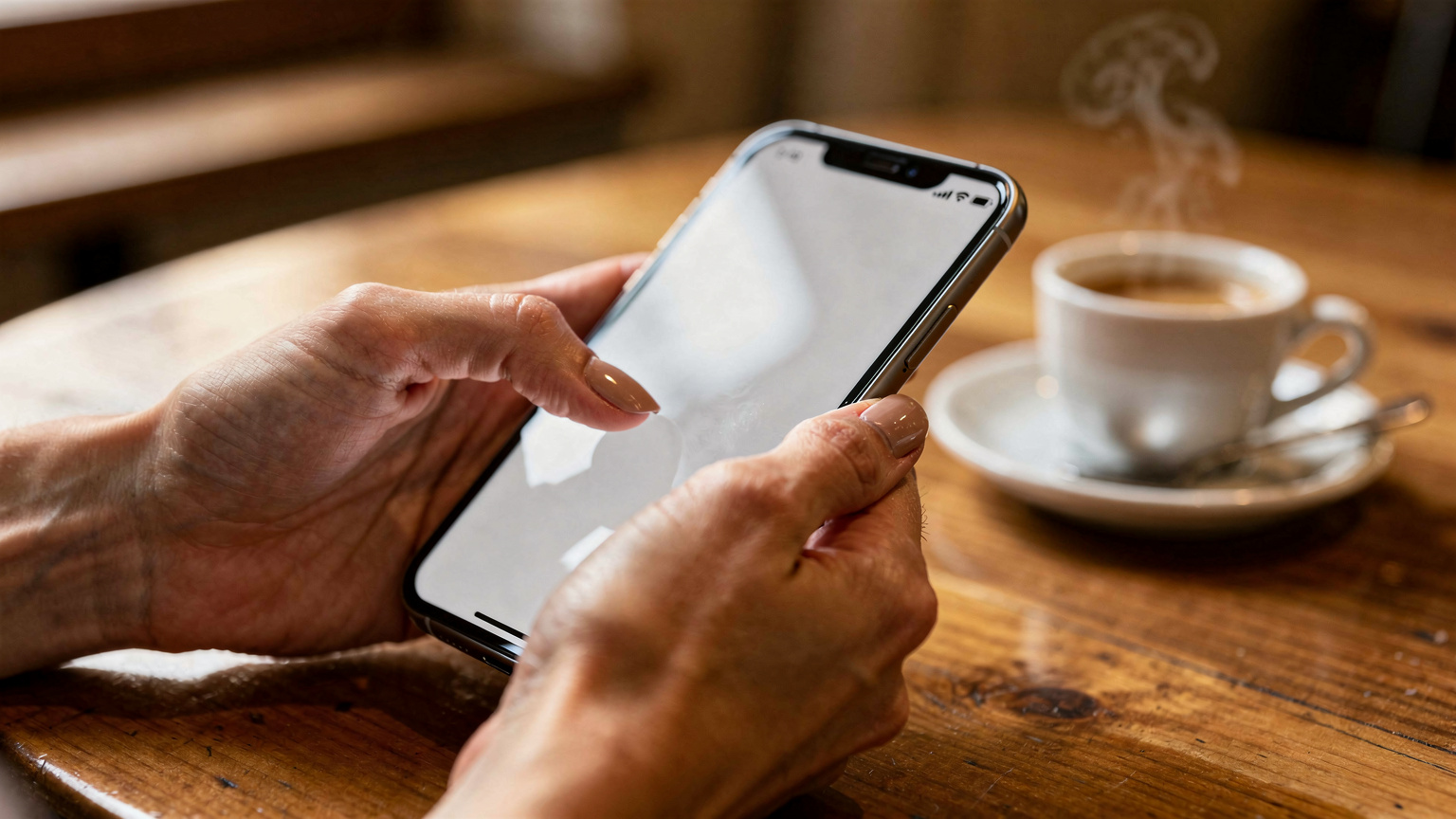 Un primo piano di mani che disattivano l'aggiornamento in background delle app nelle impostazioni di un iPhone 17, con un caffè sul tavolo in un bar italiano, con un'atmosfera rilassata.