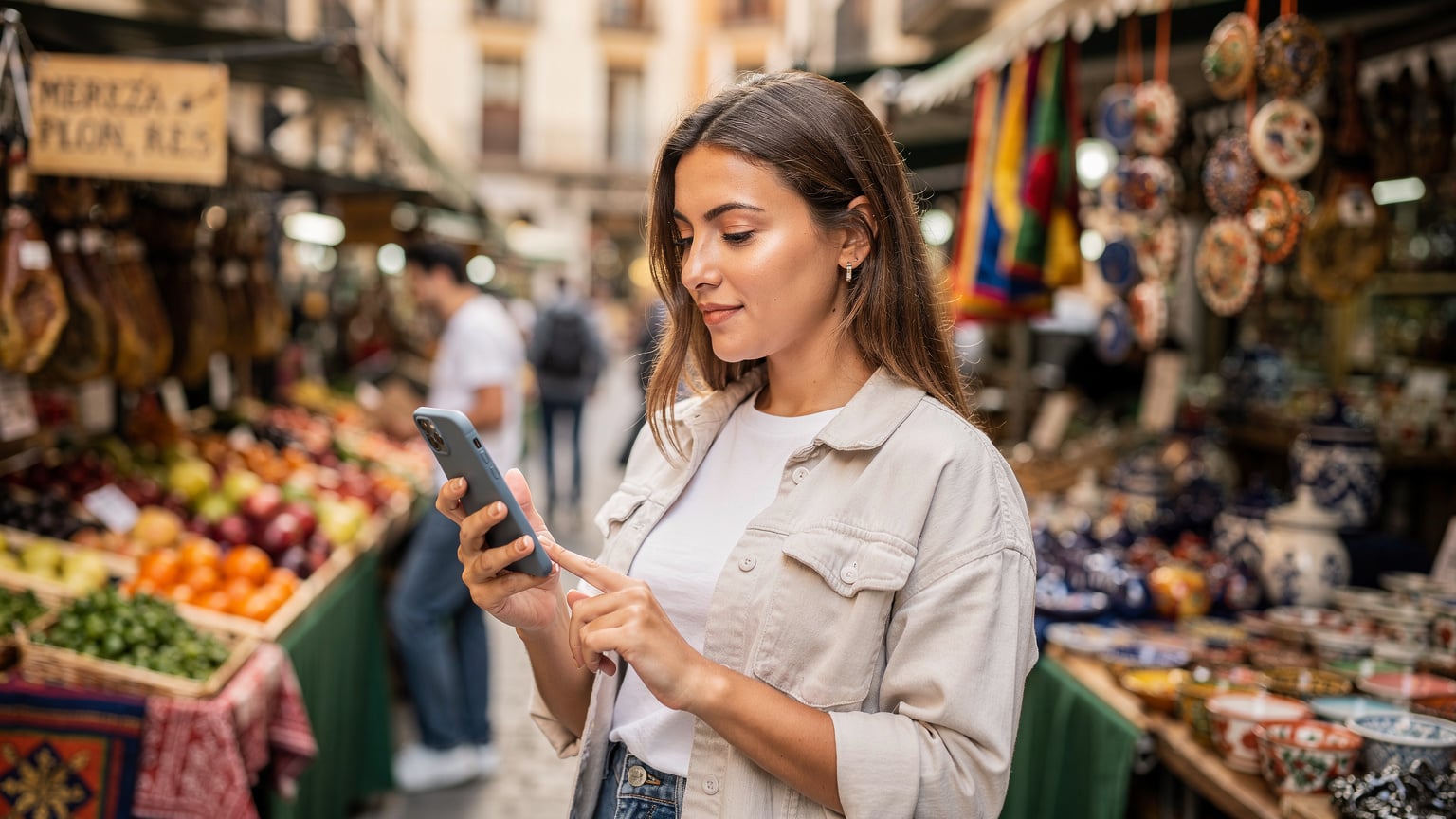 Una donna italiana consulta l'app Wallet sul suo iPhone 17 per attivare una eSIM in un mercato di Madrid, tra bancarelle di frutta e verdura, in un ambiente vibrante e autentico.