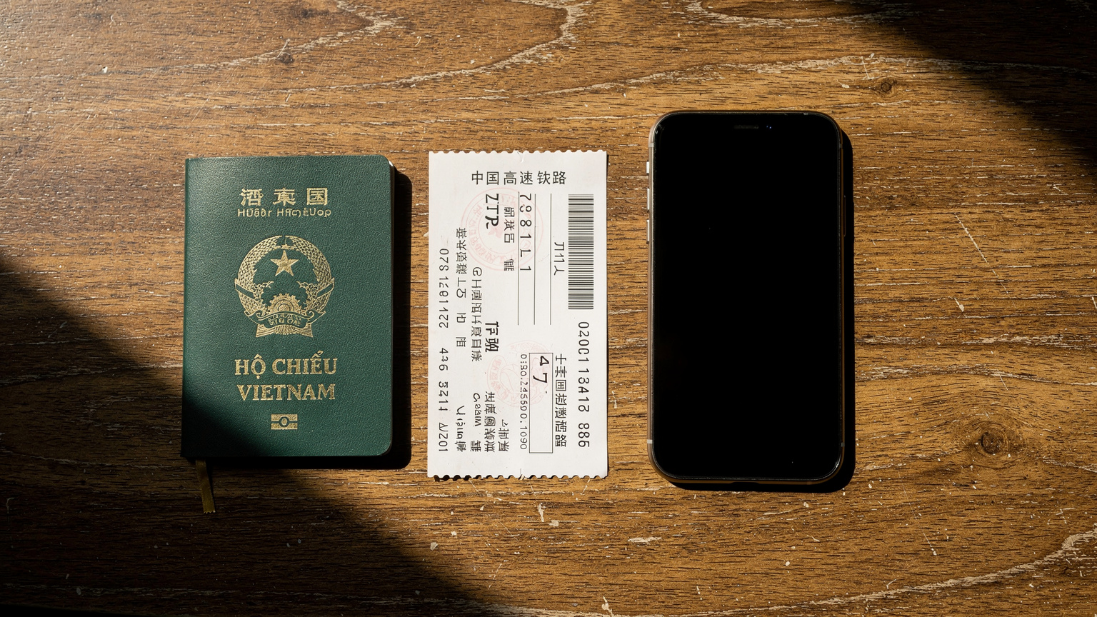 Một chiếc điện thoại thông minh đặt cạnh hộ chiếu Việt Nam và vé tàu cao tốc Trung Quốc trên bàn gỗ trong ánh sáng buổi sáng.