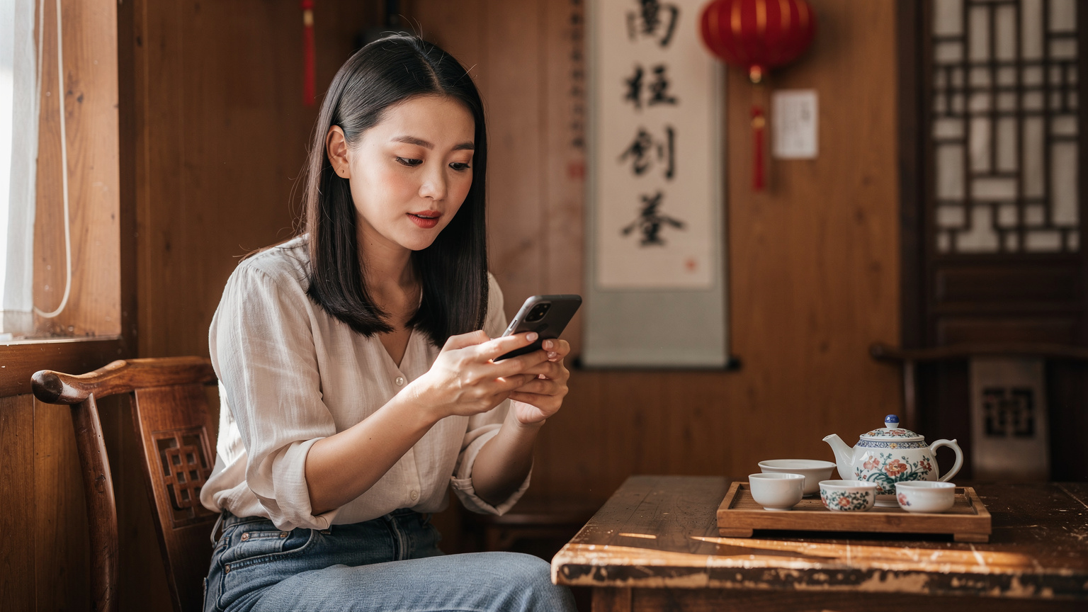 Một phụ nữ trẻ đang so sánh giá eSIM trên điện thoại của mình tại một quán cà phê truyền thống ở Bắc Kinh, với ánh sáng ban ngày dịu nhẹ.