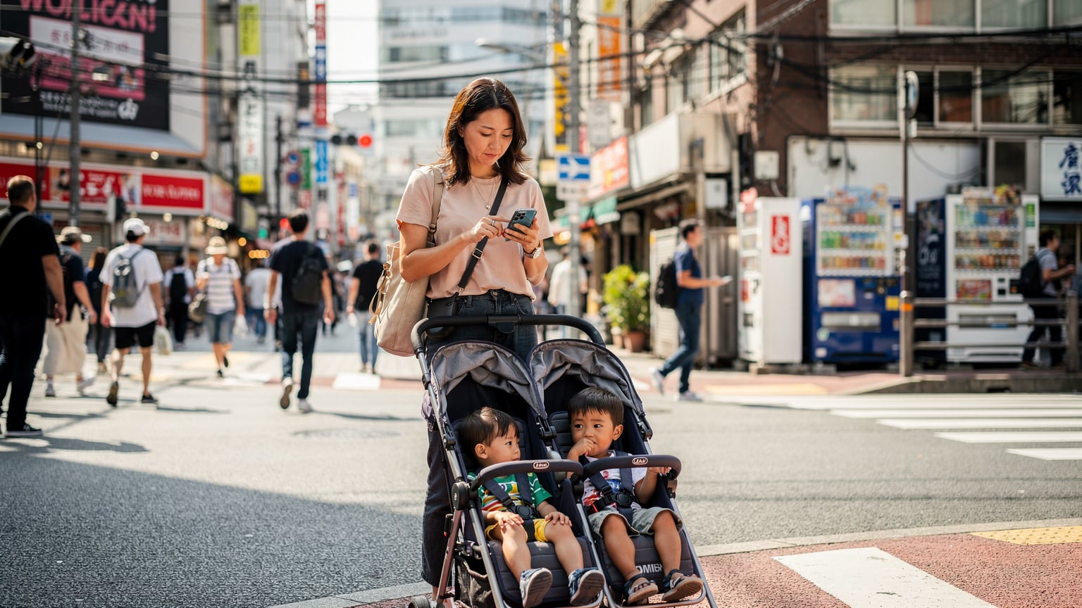在東京澀谷街頭,一位年輕的媽媽正在使用手機設定eSIM,她的兩個孩子則坐在嬰兒車裡,好奇地張望周圍的行人,展現了親子旅行中的科技應用場景。