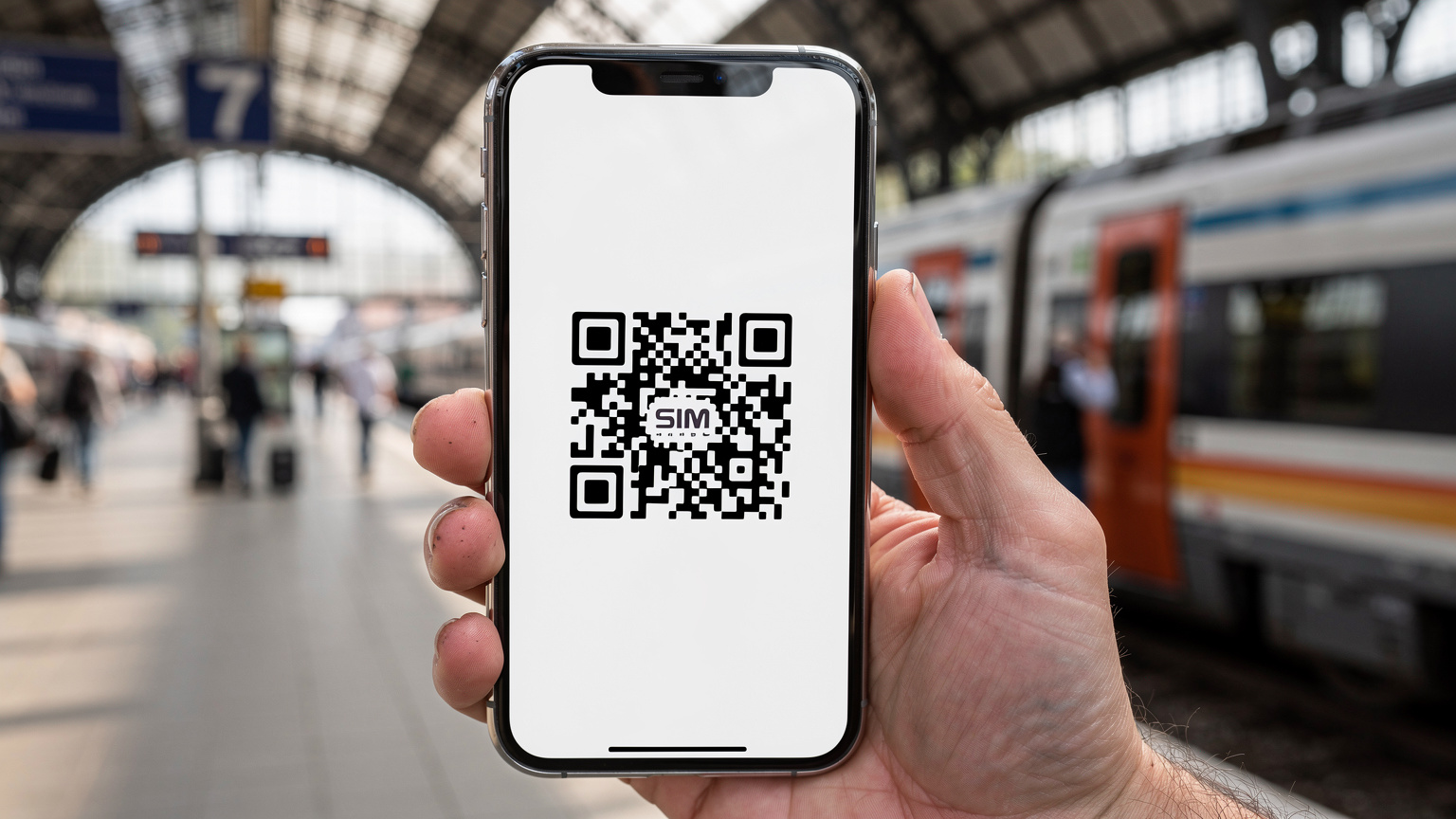 Nahaufnahme einer Hand, die ein Smartphone hält, auf dessen Bildschirm ein QR-Code für die eSIM-Aktivierung angezeigt wird, im Hintergrund verschwommen der Münchner Hauptbahnhof.