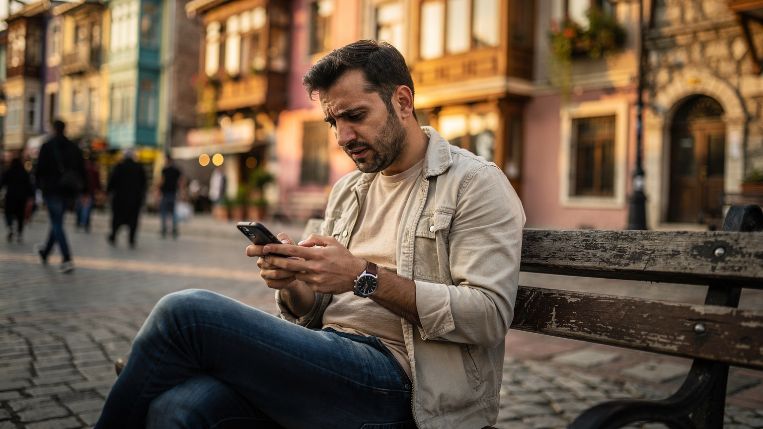 Ein Mann mit einem nachdenklichen Ausdruck sitzt auf einer Parkbank in einem belebten Viertel Istanbuls, hält sein Smartphone und blickt besorgt auf den Bildschirm, während im Hintergrund traditionelle Gebäude und Menschen vorbeigehen.