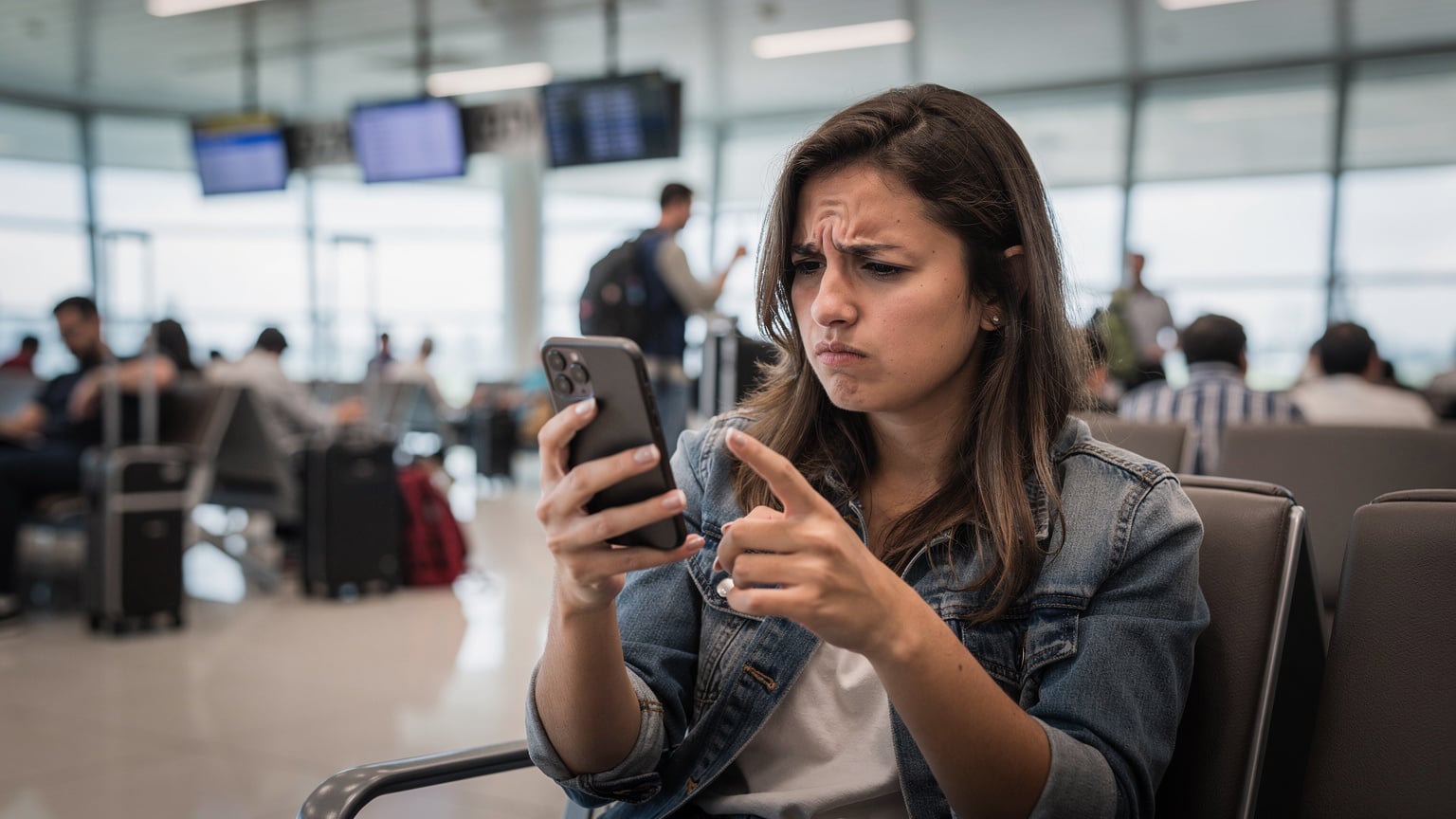 Eine Frau mit einem genervten Ausdruck schaut auf ihr Smartphone, umgeben von anderen Reisenden in einer chaotischen Flughafenhalle, ihre Frustration über die schlechte Internetverbindung ist offensichtlich.
