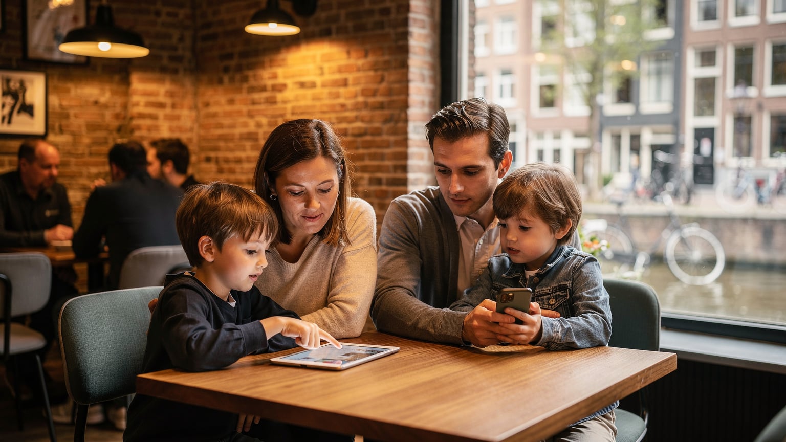 Een gezin zit aan een tafel in een modern café in Amsterdam, waar ouders hun kinderen helpen met hun tablets, met een ontspannen en verbonden sfeer die het gemak van naadloze connectiviteit benadrukt.