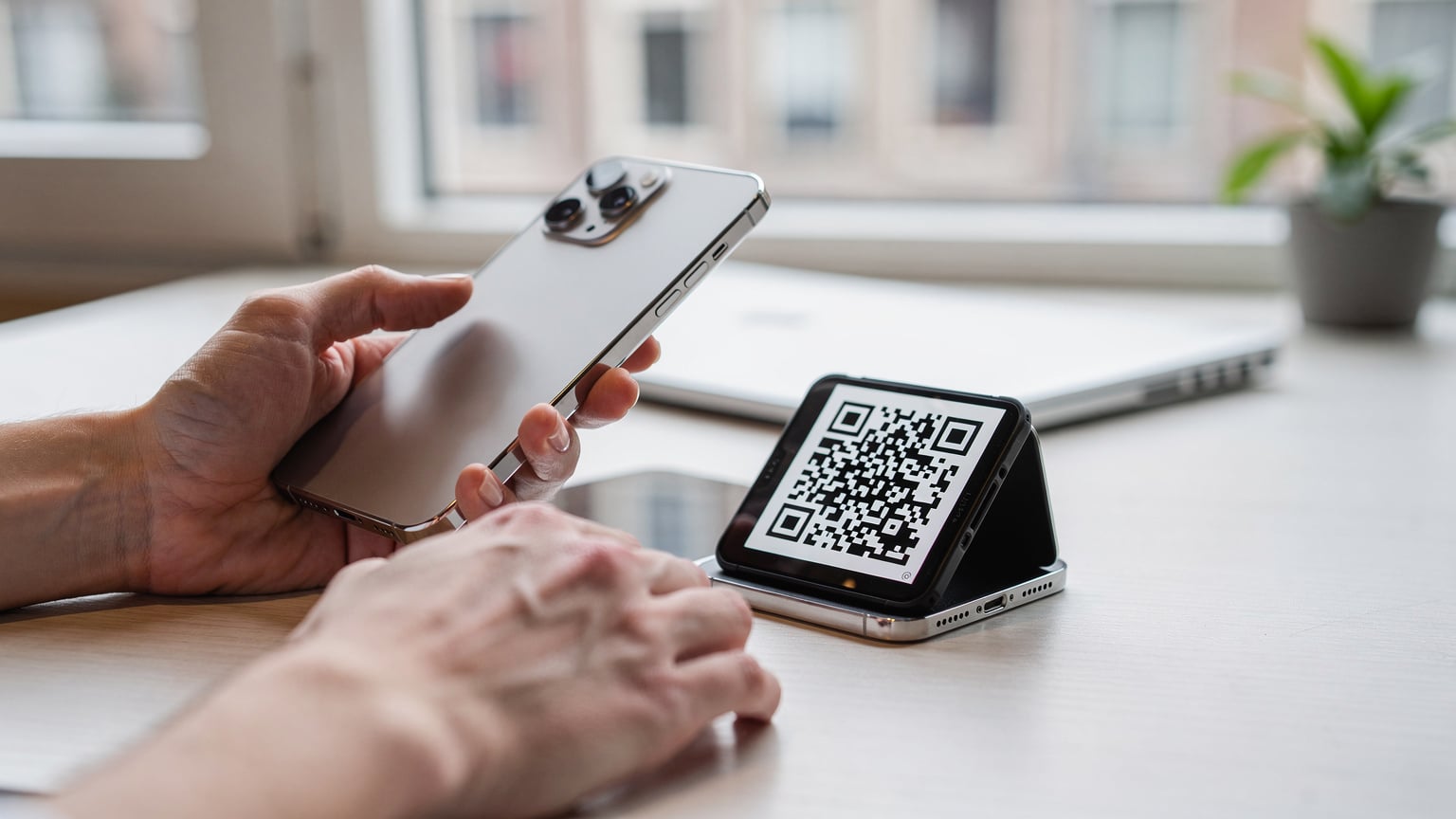 Close-up van handen die een smartphone vasthouden en een QR-code scannen van een andere telefoon, in een heldere, moderne setting die efficiëntie en gemak uitstraalt.