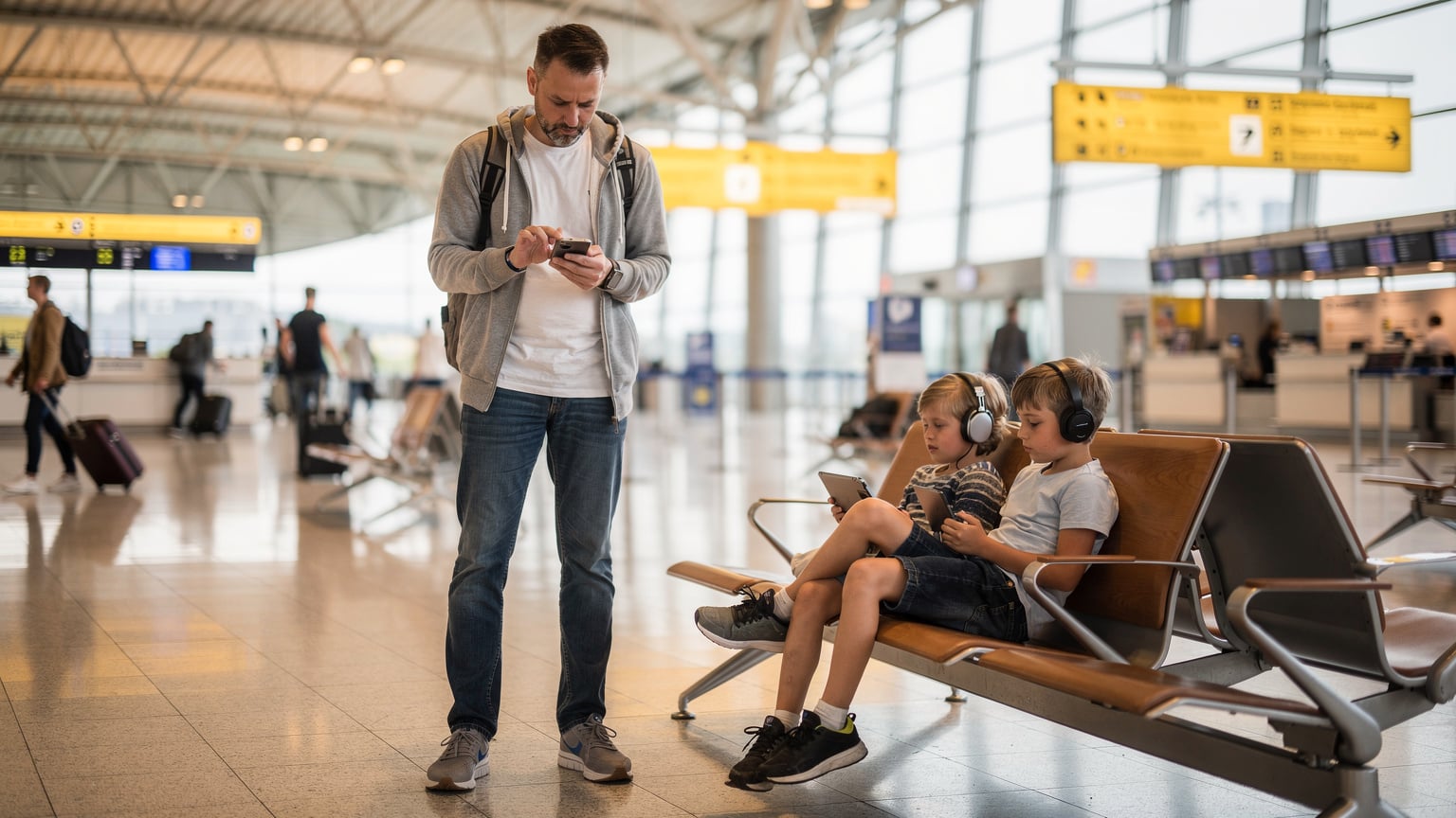 Een vader controleert zijn smartphone op de luchthaven van Schiphol, terwijl zijn kinderen naast hem hun tablets gebruiken, met een blik van lichte zorg over de connectiviteit voor hun entertainment.