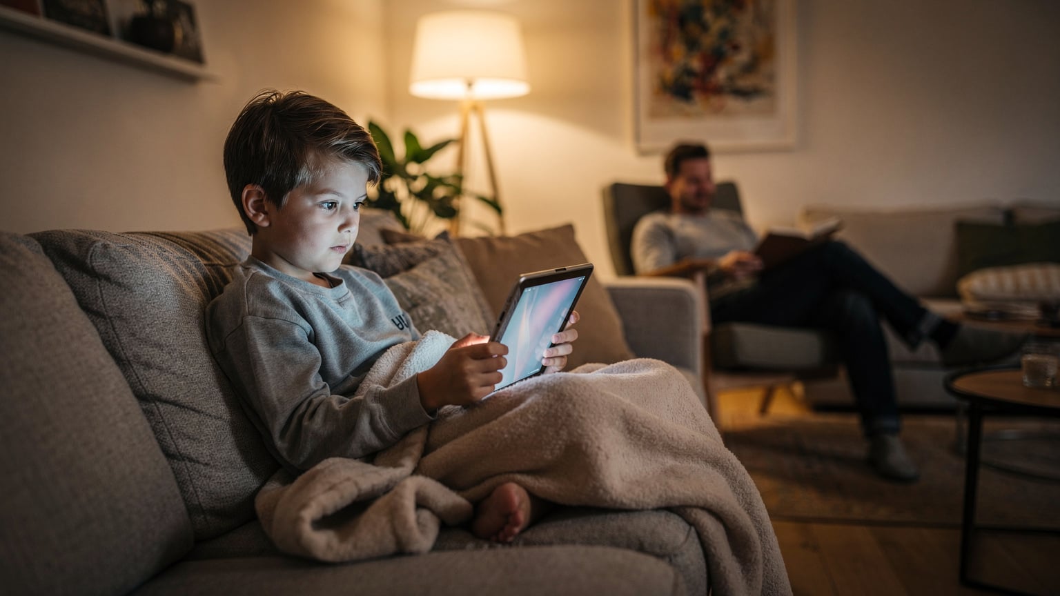 Een kind zit op een bank met een tablet in de hand en kijkt geconcentreerd naar het scherm, terwijl een ouder op de achtergrond ontspannen een boek leest, wat een moment van rust en ononderbroken connectiviteit illustreert.