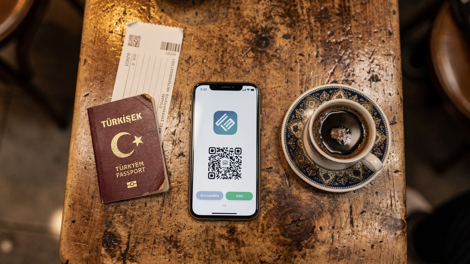 Bir kafe masasında pasaport, biniş kartı, akıllı telefon ve bir fincan Türk kahvesi düzenli bir şekilde duruyor. Telefon ekranında bir eSIM aktivasyon ekranı açık ve QR kodu belirgin.