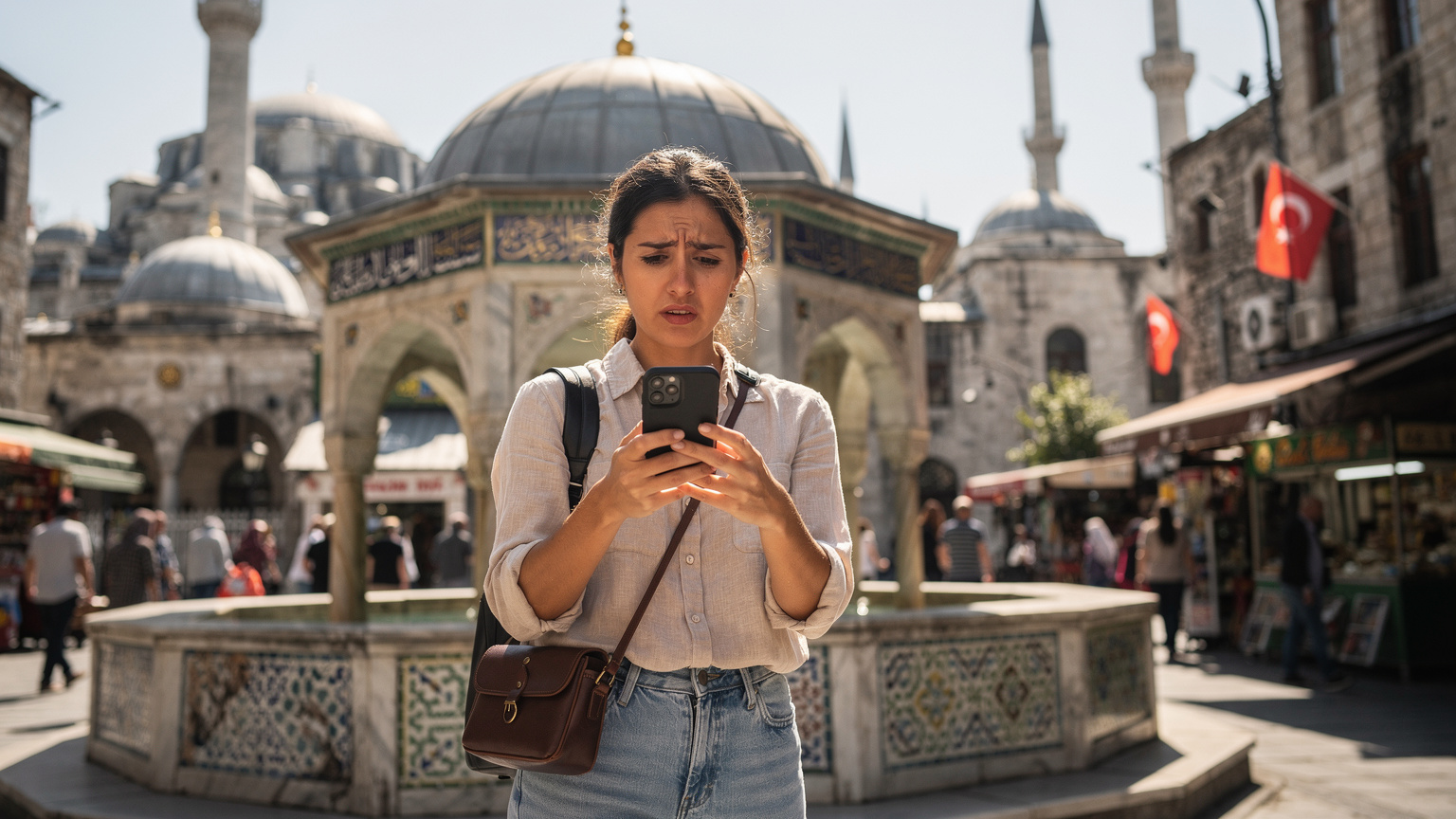 İstanbul'da, tarihi bir çeşmenin önünde duran bir gezgin, telefonunda mobil veri ayarlarını kontrol ediyor. Yüzünde hafif bir endişe, arkada kalabalık ve yerel doku belirgin.