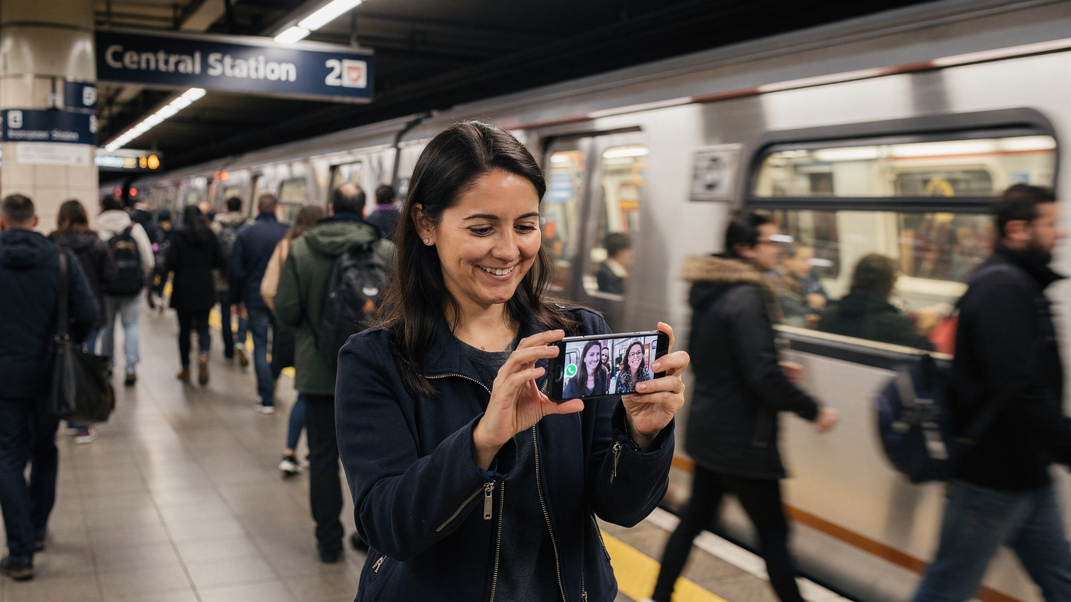 Kalabalık bir metro istasyonunda, bir kadın peronda beklerken telefonunu kullanarak WhatsApp üzerinden ailesiyle görüntülü konuşuyor. Arka planda hareketli bir tren ve yerel istasyon tabelaları görünüyor.
