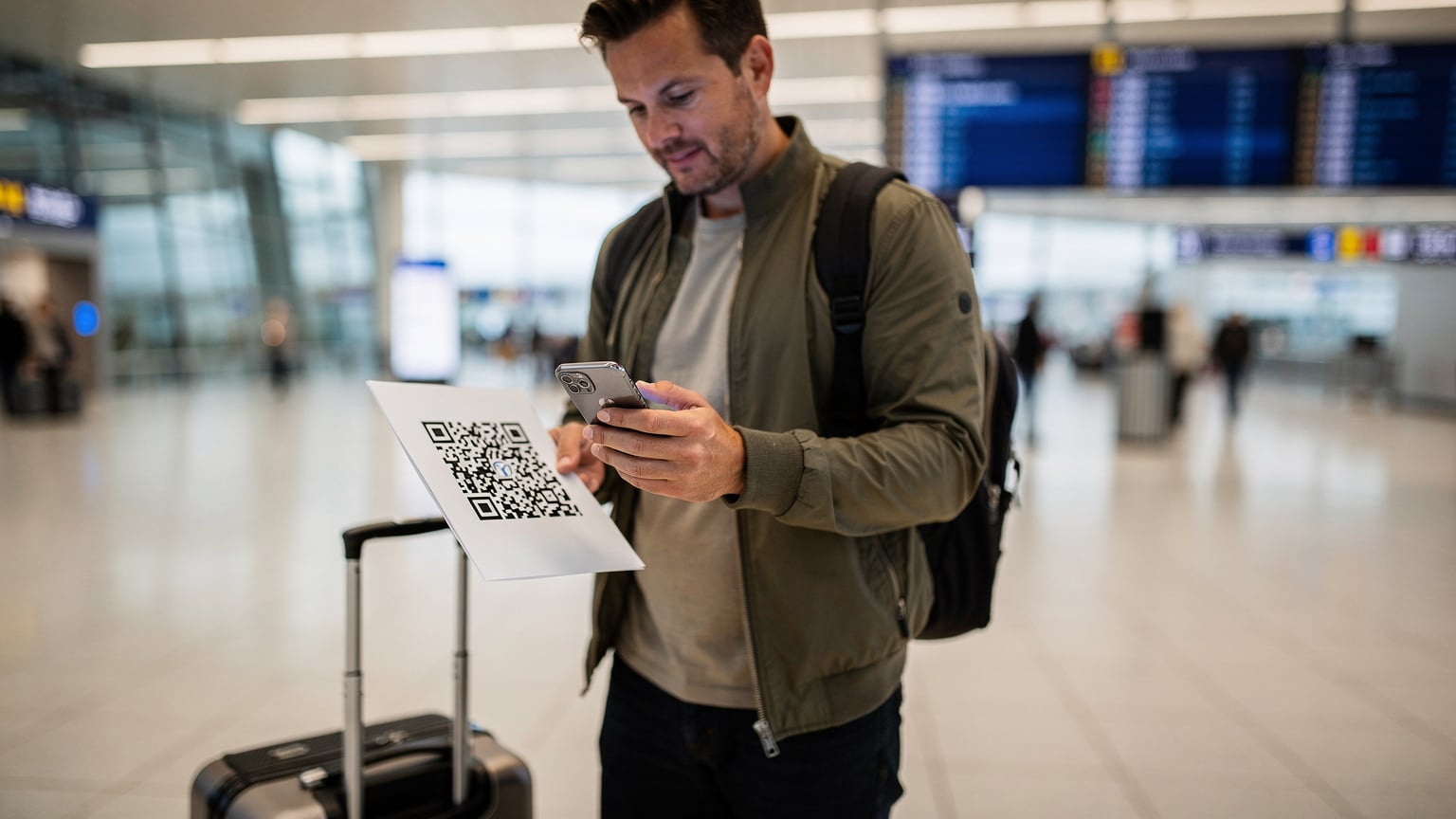 Ein Reisender am Flughafen Berlin Brandenburg (BER) scannt einen QR-Code auf seinem Smartphone, um eine eSIM zu aktivieren.