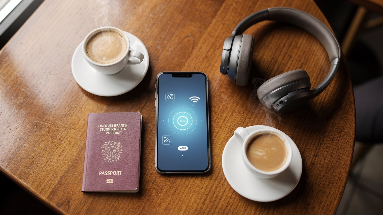 Eine Nahaufnahme eines gut organisierten Reise-Flat-Lays mit einem Smartphone, das eine aktive eSIM anzeigt, einem Reisepass, Kopfhörern und einer Tasse Kaffee, die auf einer Holztischplatte in einem gemütlichen Café in Berlin steht.