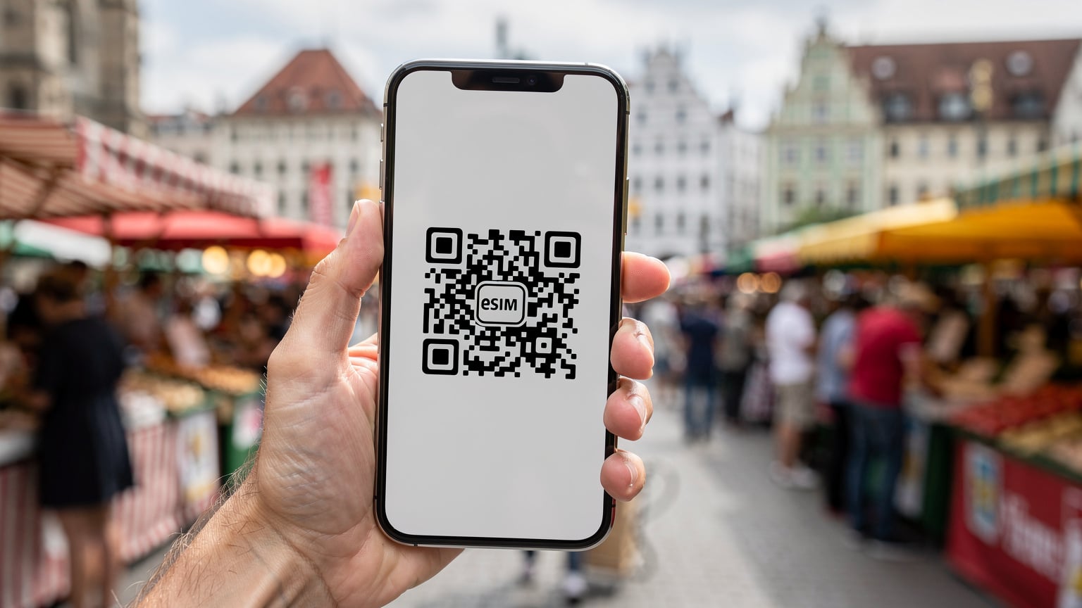 Nahaufnahme einer Hand, die ein Smartphone hält, auf dessen Bildschirm ein QR-Code für die eSIM-Installation angezeigt wird, während im Hintergrund ein belebter Münchner Viktualienmarkt zu sehen ist.