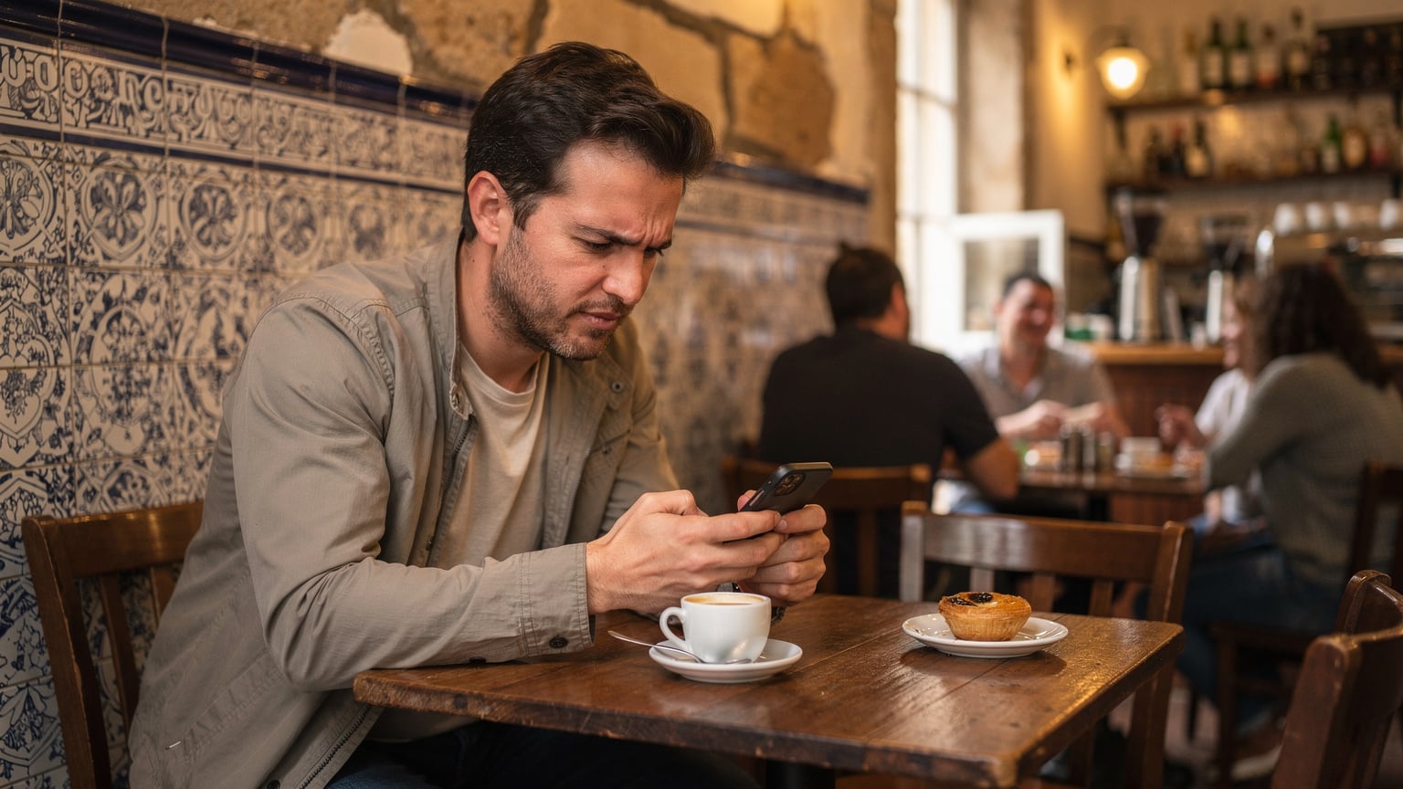 Ein Reisender sitzt in einem kleinen, traditionellen Café in Lissabon, Portugal, und versucht, eine eSIM auf seinem Smartphone zu aktivieren, wobei er leicht frustriert auf den Bildschirm schaut, da die WLAN-Verbindung schlecht ist.