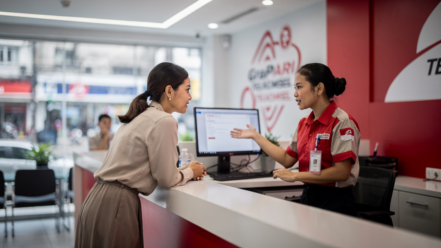 Seorang wanita muda berinteraksi dengan petugas di konter GraPARI Telkomsel, dengan monitor di latar belakang menampilkan informasi pelanggan yang samar-samar, mencerminkan proses mendapatkan bantuan untuk eSIM.