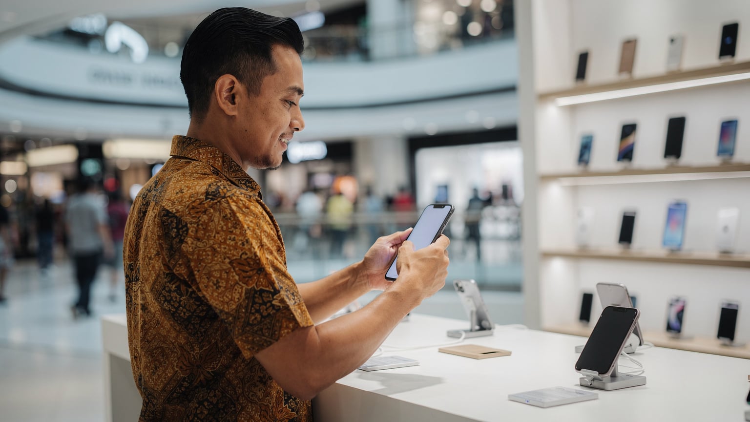 Seorang pria memegang iPhone yang baru dibeli di konter toko ponsel di pusat perbelanjaan Grand Indonesia, Jakarta, dengan ekspresi puas dan siap untuk mengatur perangkat barunya.