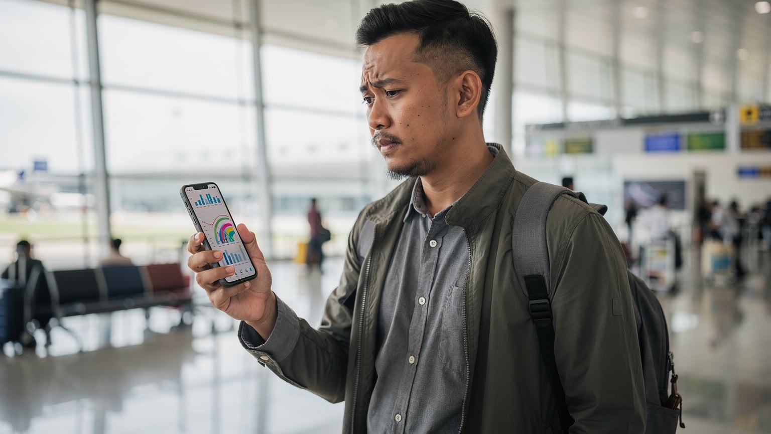 Seorang pria memegang iPhone di tangan kanannya, dengan layar menampilkan grafik penggunaan data yang rumit, menunjukkan kekhawatiran tentang biaya roaming, saat berada di area keberangkatan Bandara Internasional Soekarno-Hatta.