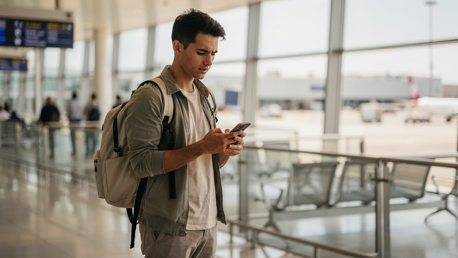 Un viajero con una mochila ligera, esperando junto a la puerta de embarque en el Aeropuerto de Lisboa, con el teléfono en la mano, comprobando su vuelo y la conexión.