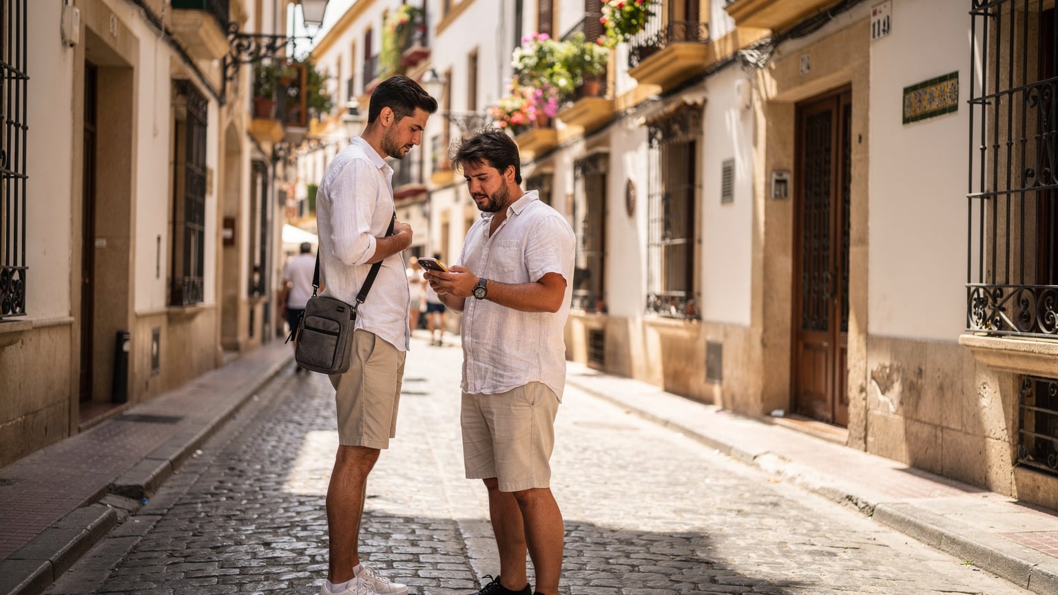 Un viajero consulta su teléfono en una calle empedrada y animada de Sevilla, con un fondo de arquitectura andaluza, comprobando su conexión de datos.