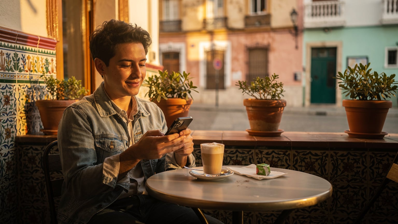 Un café típico en el Barrio de Triana, Sevilla, con una persona en la terraza usando su teléfono, disfrutando de un café con leche y una buena conexión de internet.