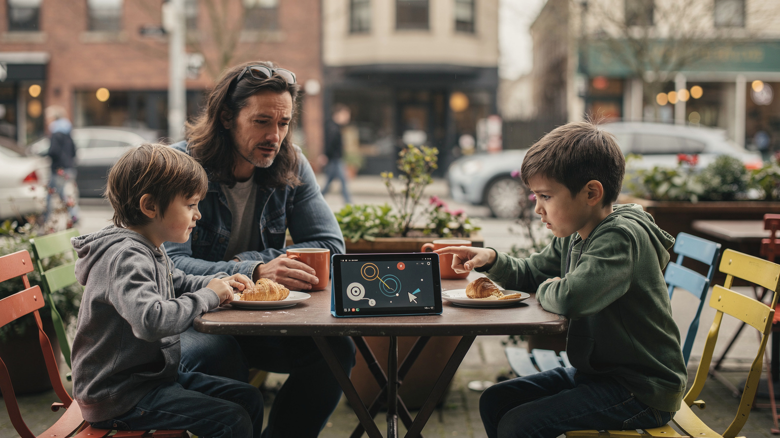 A family (parents and two children 4-12) gathered around a table at a casual outdoor cafe in Seattle, Washington, looking slightly frustrated as one of the children points at a tablet screen that appears to be buffering, suggesting a connectivity issue or data problem.