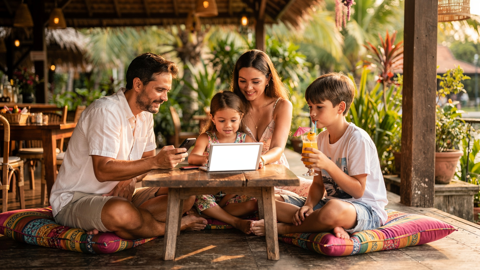 Une famille française assise sur des coussins colorés dans un café thaïlandais à Phuket, le père vérifiant son smartphone, la mère aidant un enfant avec une tablette, dans une ambiance relaxante.