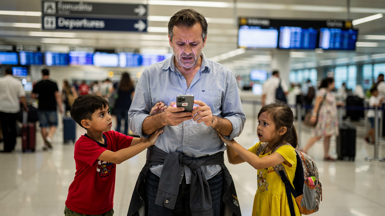 Un père français l'air frustré et perplexe, tient son smartphone affichant un message d'erreur de connexion dans le hall bondé de l'aéroport international de Bangkok, avec ses enfants impatients.