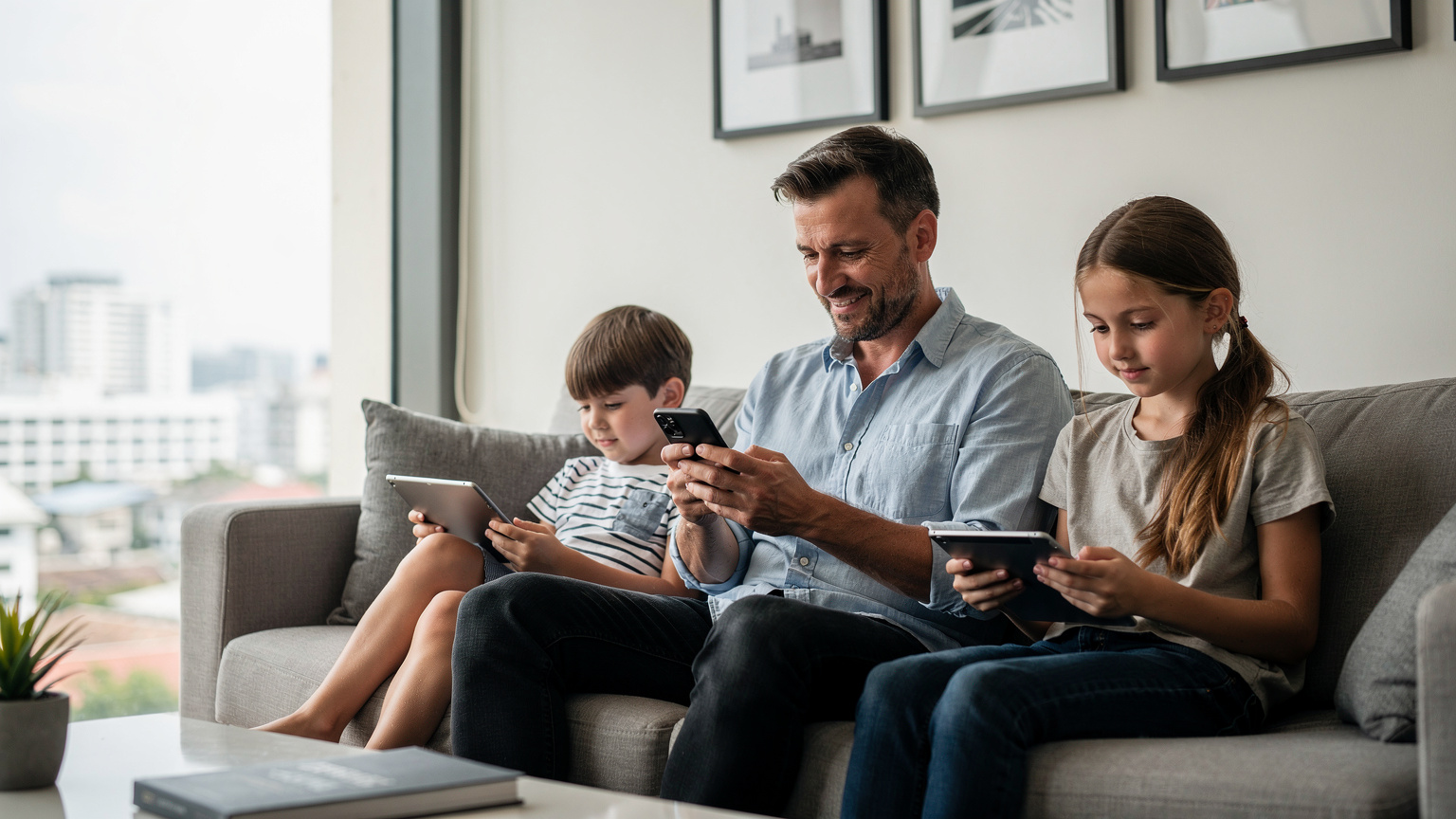 Un père souriant active les contrôles parentaux sur son smartphone alors que ses deux enfants regardent des dessins animés sur leurs tablettes dans un appartement moderne et lumineux à Bangkok.